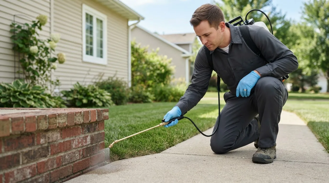 Pest control technician treating a home near Buhl, ID